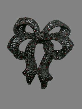 Sweet Romance Black Bow Brooch w/ Swarovski Red Crystals, Vintage Jewelry
